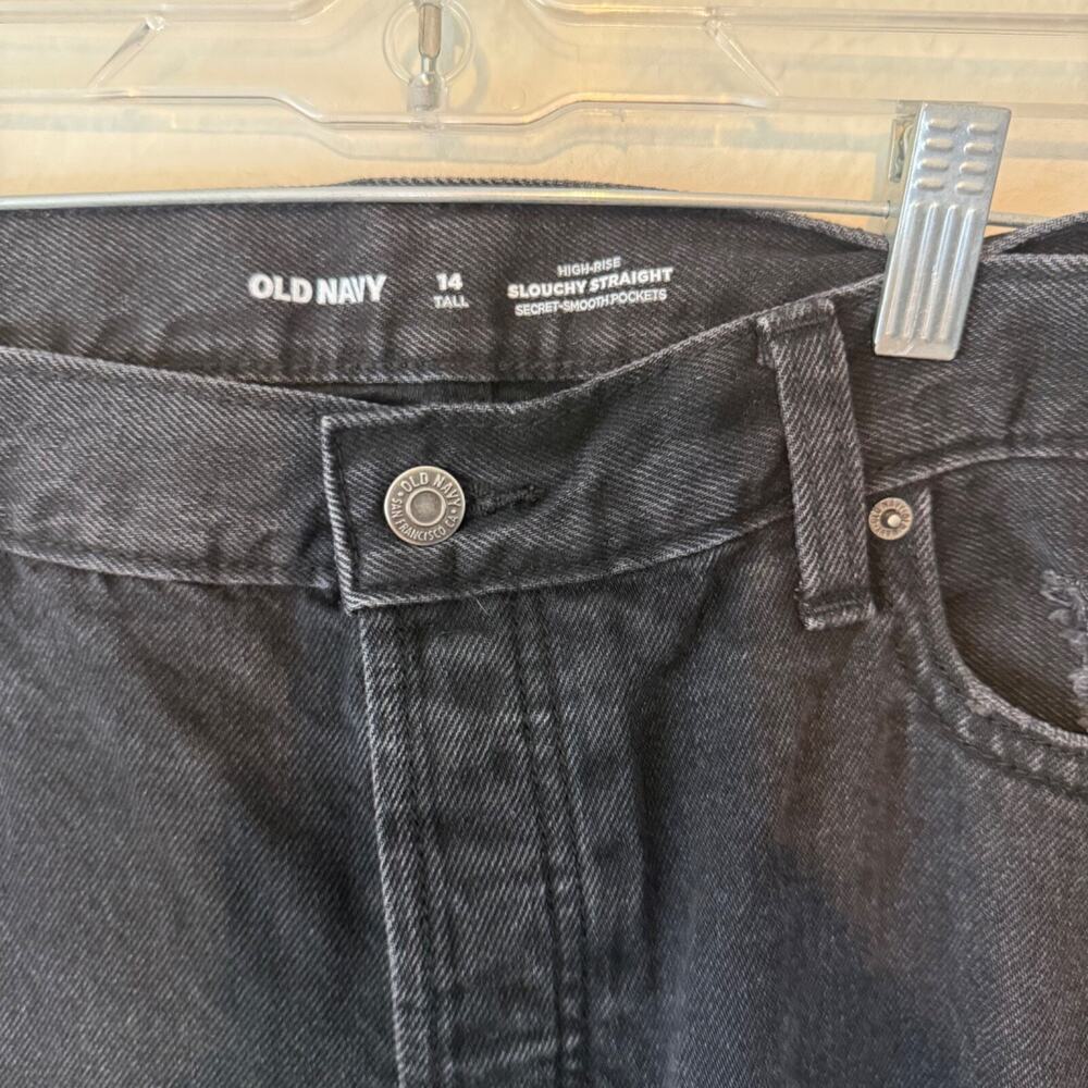 OLD NAVY DISTRESS HIGH RISE SLOUCHY CURVY STRAIGHT BLACK JEANS 14T Black - Picture 9 of 10